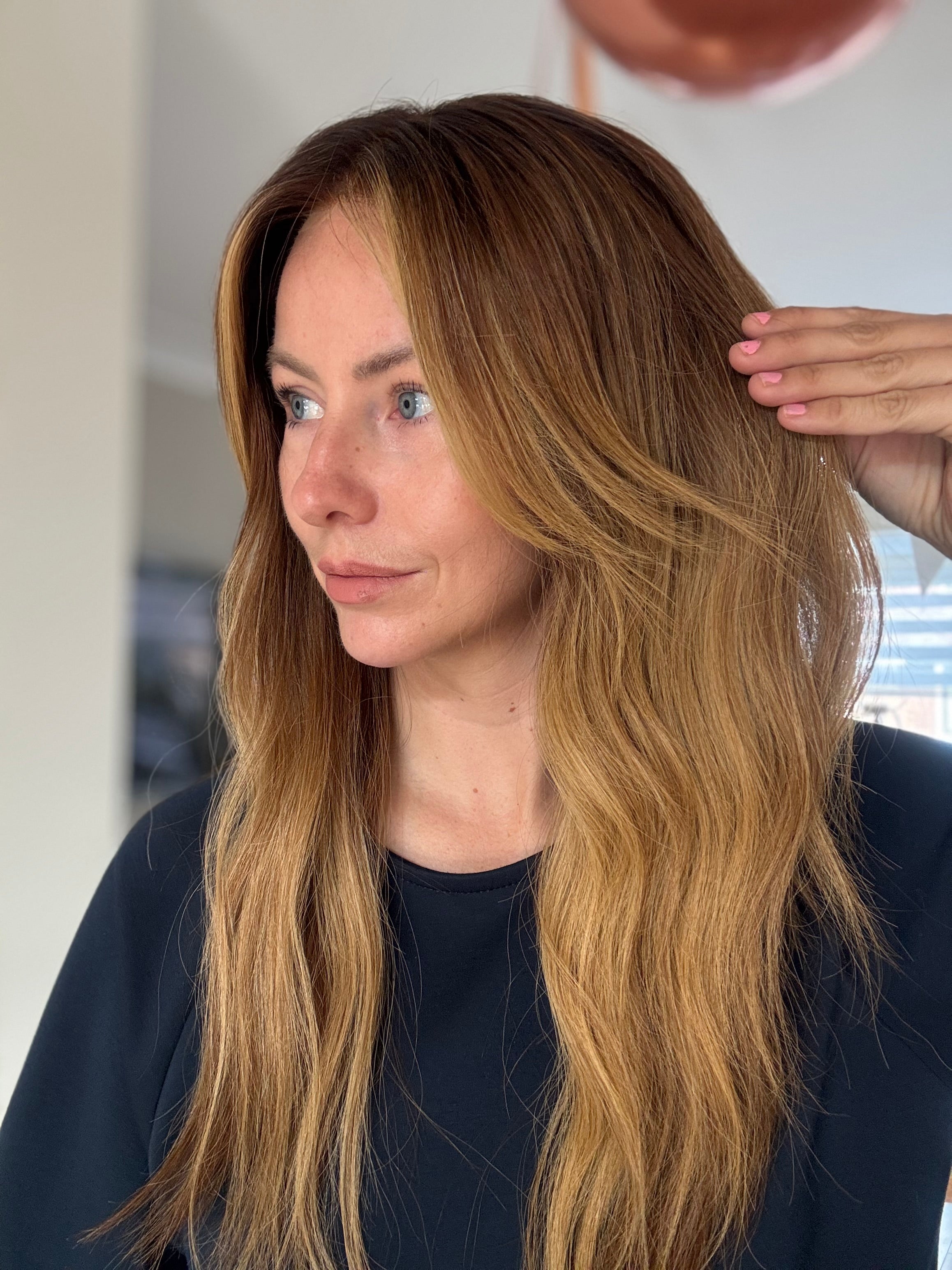 Jennifer – Mørk Rod, Varm Brun & Karamel Balayage HD Lace Hårparyk i Ægte Hår | 24"