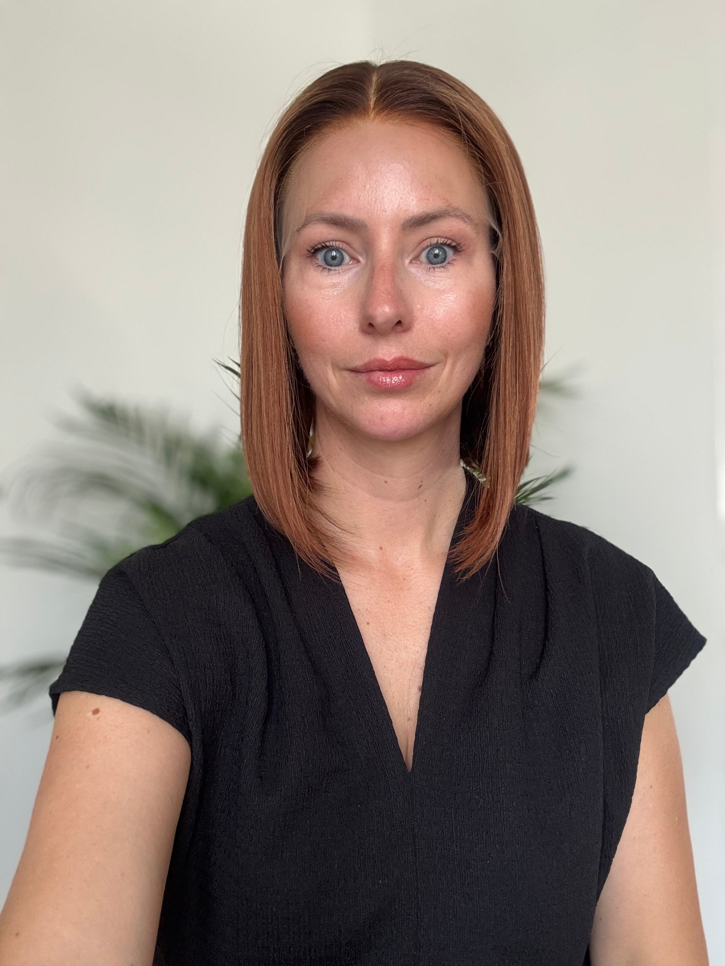 Front view of Kate warm brown balayage human hair bob wig